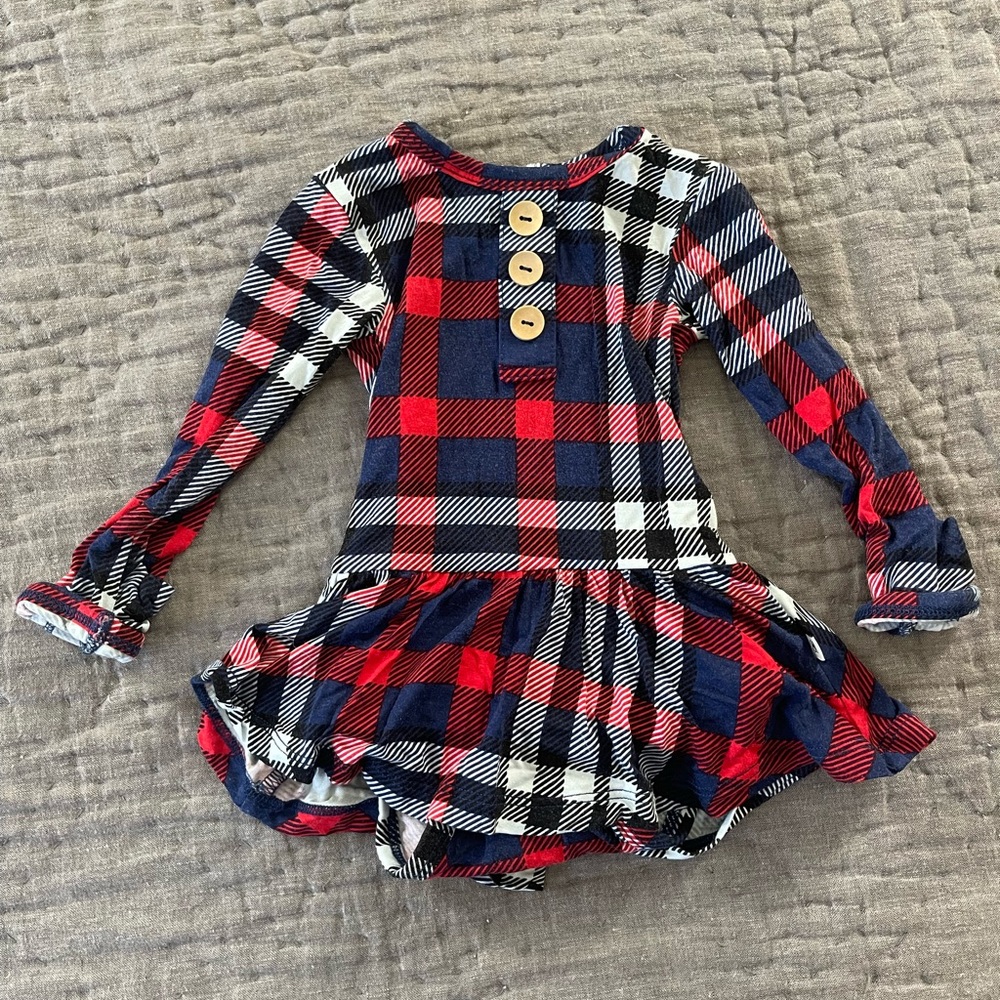 Bums & Roses checkmate ruffle dress 3-6 months Christmas navy red holiday bamboo